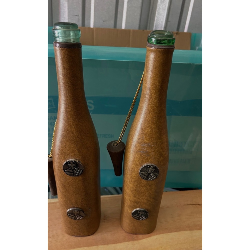 Vintage Leather Wrapped Green Glass Decanter Set with Pewter Medallions